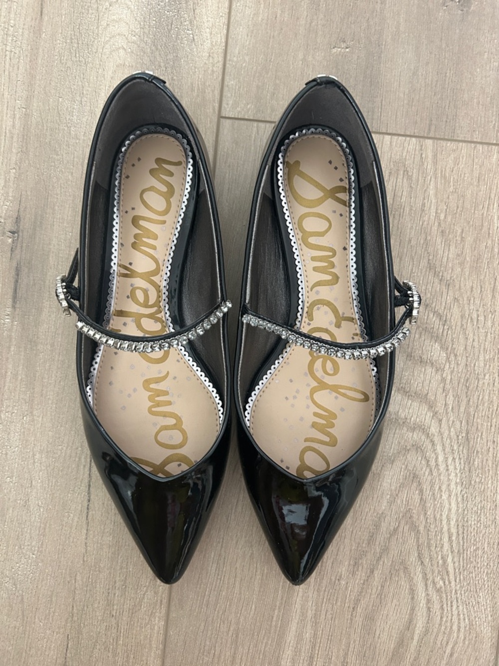 Sam Edelman Black Patent Pointed Mary Jane Flats with Crystal Strap size 6.5